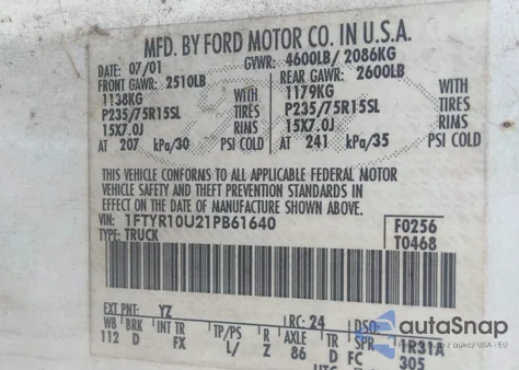 2001 Ford Ranger Edge/Xl/Xlt из США, поврежденный, VIN 1FTYR10U21PB61640